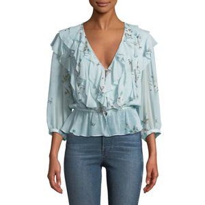 239. Joie Arleyne Ruffled Floral Silk Top Blue Extra Extra Small XXS